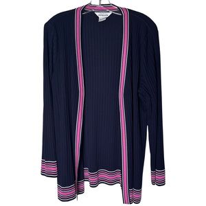 Exclusively Misook Navy pink striped Open Cardigan